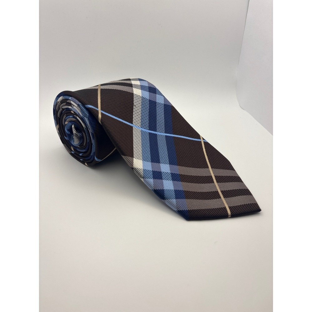 Geoffrey Beene Mens Plaid Necktie Brown Blue White Striped Silk Blend Tie
